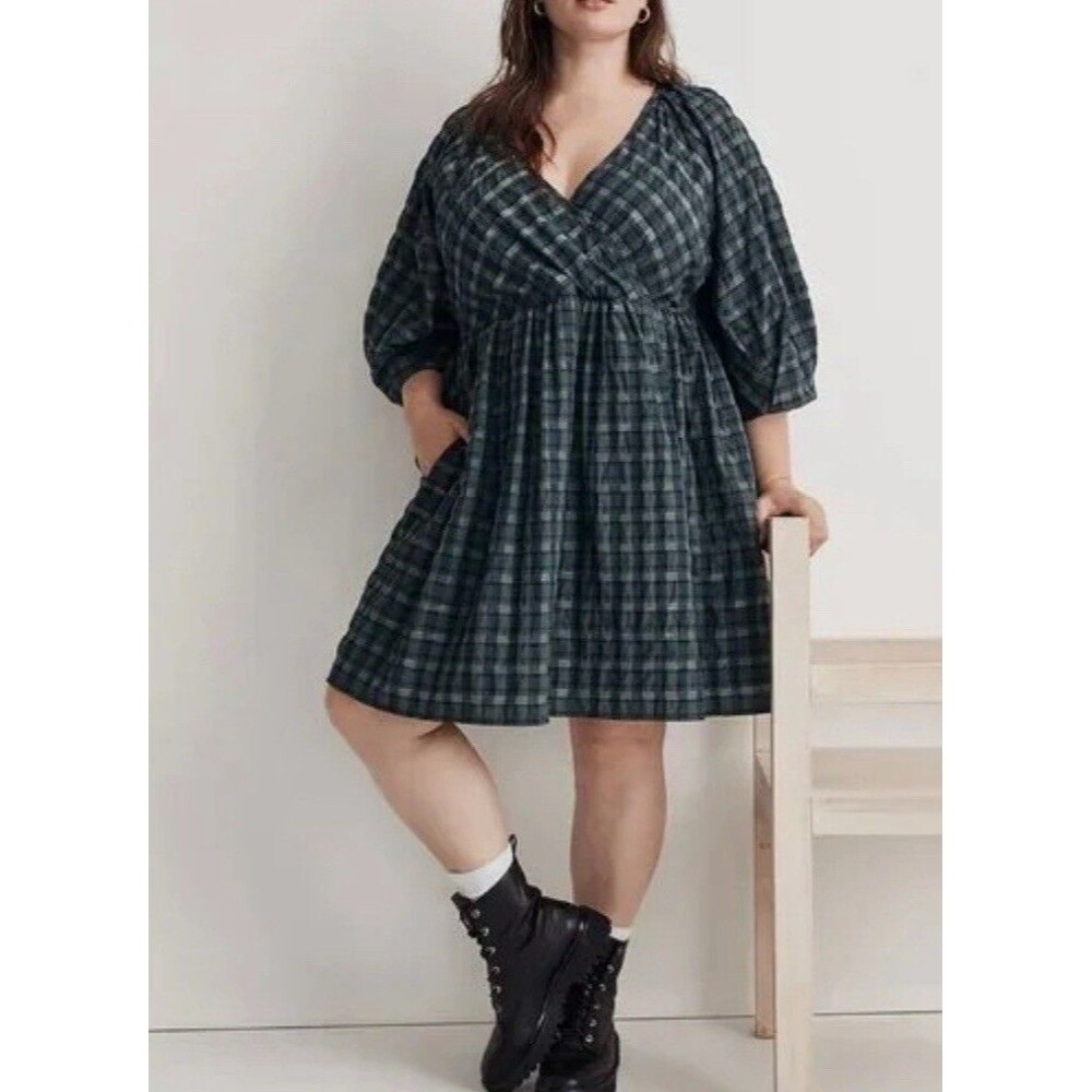 MADEWELL  XL Marianna Puff-Sleeve Mini Dress Plaid Blue Green NWT